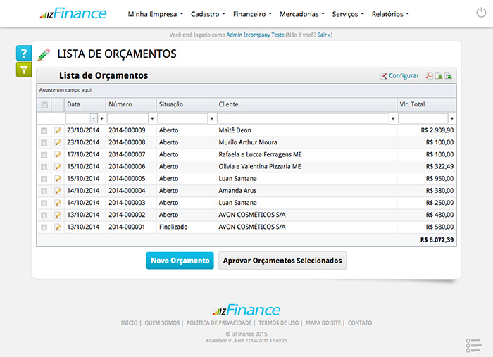 Tela de Orçamentos - Imagem 1