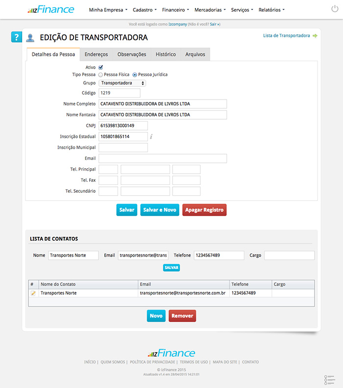 Tela de Cadastro de Transportadoras - Imagem 1