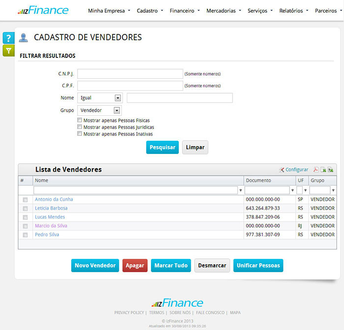 Tela de Cadastro de Vendedores - Imagem 1
